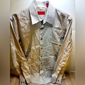 Hugo Boss White & Gray Striped Long Sleeve Men's Shirt 100% Cotton Size 16 34/35